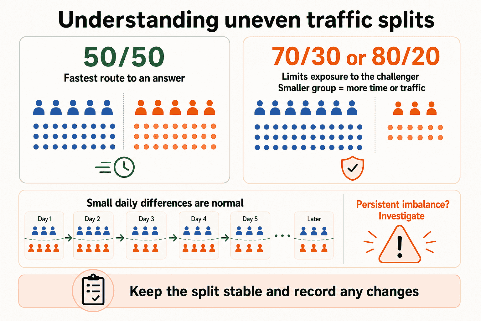 Comparison of A/B test traffic splits: 50/50 usually reaches an answer fastest, while 70/30 or 80/20 limits exposure to the challenger but requires more time or traffic. Small daily allocation differences are normal, while a persistent imbalance should be investigated.
